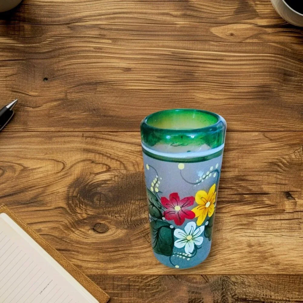Mexican Made Hand Painted Frosted Glass Floral Design Set of 2 Shot Glasses…‎